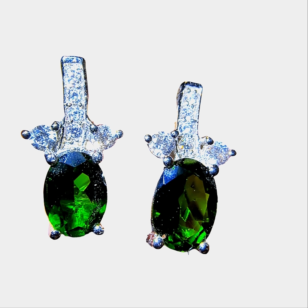 Chrome Diopside, White Zircon & Sterling Silver Latch-back Earrings